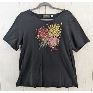 Bob Mackie Size Large Black ‎ Floral Embroidered Short Sleeve Top